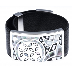 Bracelet acier - émail - nacre - cuir noir - largeur 3cm - longueur 23,5cm