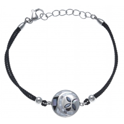 Bracelet acier - nacre - émail - coton noir - 17+3cm