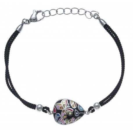 Bracelet acier - nacre - émail - papillon - coton noir - 17+3cm
