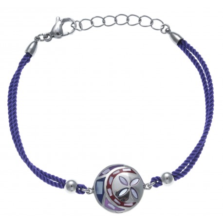 Bracelet acier - nacre - émail - coton violet - 17+3cm