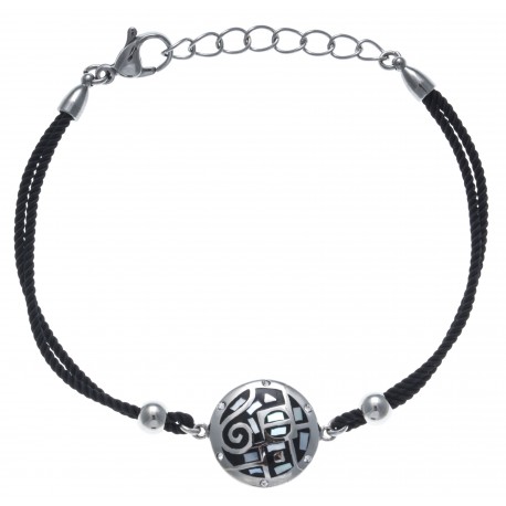 Bracelet acier - nacre - émail - coton noir - strass - 17+3cm