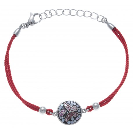 Bracelet acier - nacre - émail - papillon coton rouge - 17+3cm