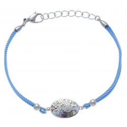 Bracelet acier - nacre - émail - paon - coton bleu clair - 17+3cm