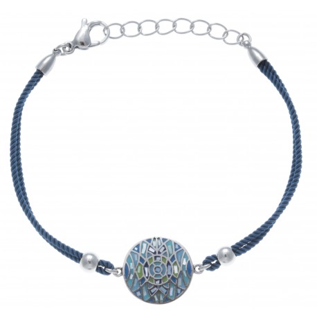 Bracelet acier - nacre - émail - coton bleu foncé - 17+3cm