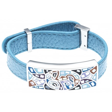 Bracelet en acier - émail - nacre- cuir bleu- largeur 1cm - longueur 22cm