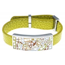 Bracelet en acier - émail - nacre- cuir jaune moutarde - largeur 1cm - longueur