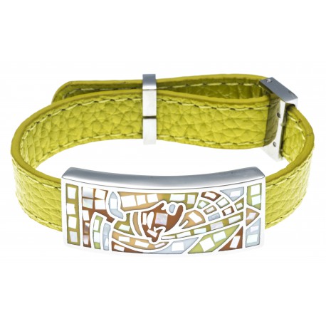 Bracelet en acier - émail - nacre- cuir jaune moutarde - largeur 1cm - longueur