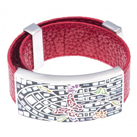 Bracelet acier - émail - nacre - papillon - cuir rouge - largeur 2 cm - longueur