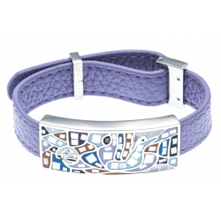 Bracelet en acier - émail - nacre- cuir violet - largeur 1cm - longueur 22cm