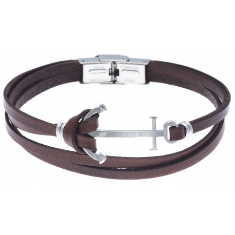 Bracelet acier pour homme - cuir italien marron -  ancre acier - 3 rangs - 21cm