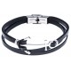 Bracelet acier pour homme - cuir italien noir -  ancre acier - 3 rangs - 21cm