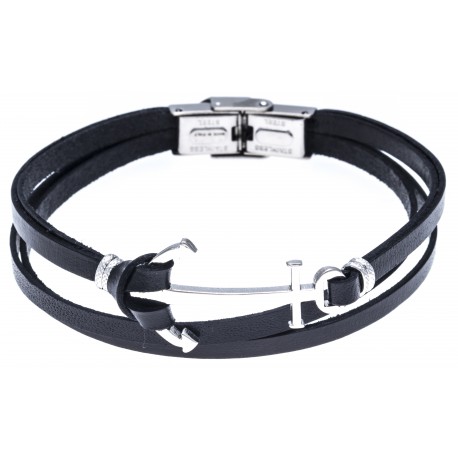 Bracelet acier pour homme - cuir italien noir -  ancre acier - 3 rangs - 21cm
