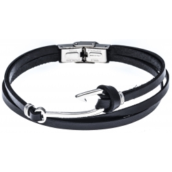 Bracelet acier pour homme - cuir italien noir -  crochet acier - 3 rangs - 21cm