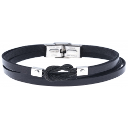 Bracelet acier pour homme - cuir italien noir -  noeud acier noir - 3 rangs - MA