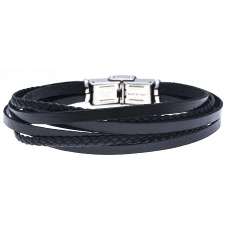 Bracelet acier pour homme - cuir et cuir tressé italien noir - 6 rangs - 21cm