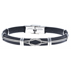 Bracelet acier pour homme - cuir italien noir -  cabler acier - 21cm