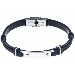 Bracelet acier pour homme - cuir italien noir - polyester - 21cm