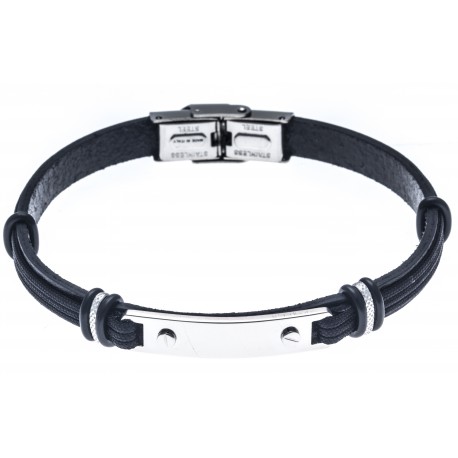 Bracelet acier pour homme - cuir italien noir - polyester - 21cm