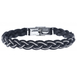 Bracelet acier pour homme - cuir tressé italien noir -  cabler acier - 21cm