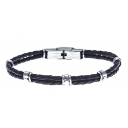 Bracelet acier pour homme - cuir tressé italien noir - 2 rangs - 3 vis - 21cm