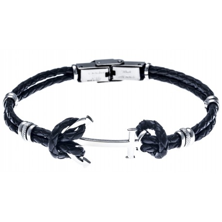 Bracelet acier pour homme - cuir tressé italien noir - 2 rangs - ancre - 21cm