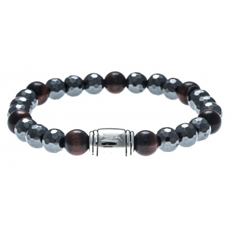 Bracelet acier pour homme - élastique - hématite - œil de tigre - 21cm