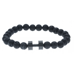 Bracelet acier pour homme - élastique - haltère -  pierre de lave - 21cm