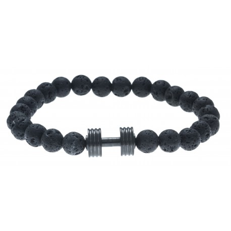 Bracelet acier pour homme - élastique - haltère -  pierre de lave - 21cm