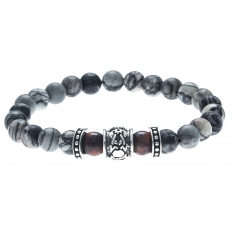 Bracelet acier pour homme - élastique -  jaspe gris mat et rouge