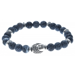 Bracelet acier pour homme - élastique -  bouddha - agate et agate patinée noire (pierre teintée)