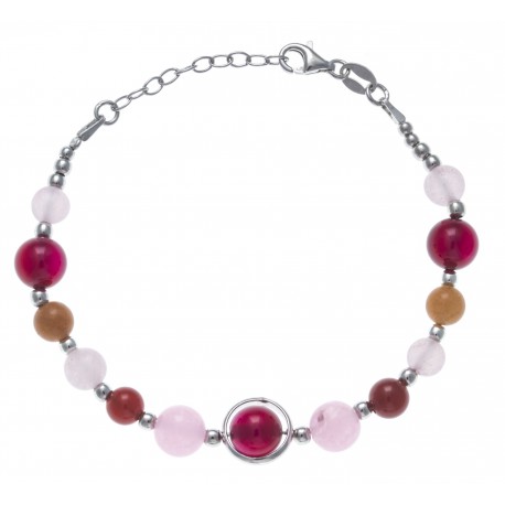 Bracelet argent rhodié 9,1g - agate rose et fushia - cornaline - aventurine oran