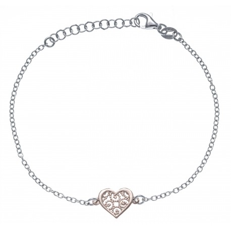 Bracelet argent rhodié 1,9g - cœur - 2 tons - rosé et rhodié - 17+3cm