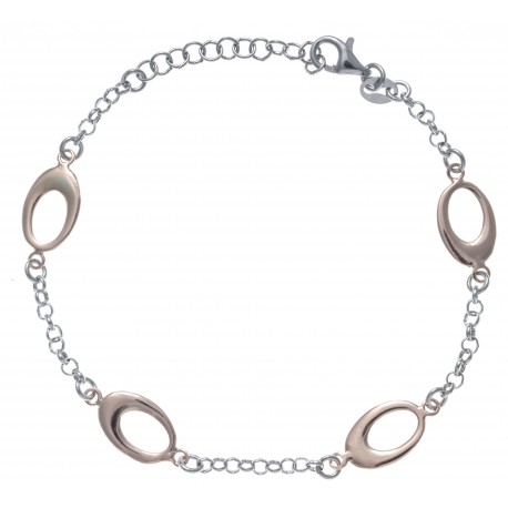 Bracelet argent rhodié 3,8g -  2 tons rosé et rhodiés - ovales ajourés - 17+3cm