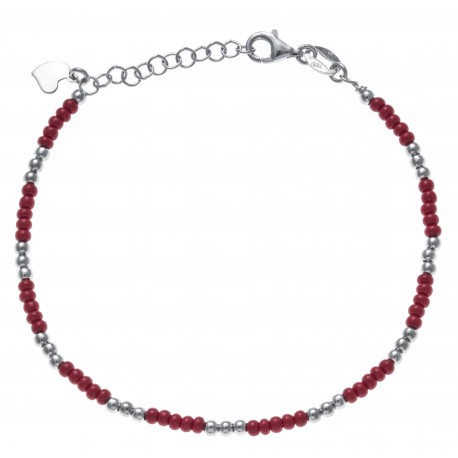 Bracelet argent rhodié 3,3g - perles argent et perles rouges - 17+3cm