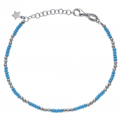 Bracelet argent rhodié 3,3g - perles argent et perles turquoises - 17+3cm