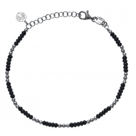 Bracelet argent rhodié 3,3g - perles argent et perles noires - 17+3cm