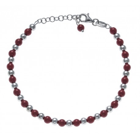 Bracelet argent rhodié 4,7g - perles rouges et argent - 17+3cm