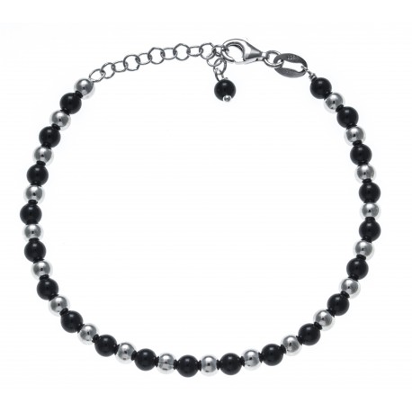 Bracelet argent rhodié 4,7g - perles noires et argent - 17+3cm