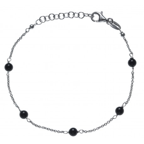 Bracelet argent rhodié 1,9g -  5 perles noires - 17+3cm