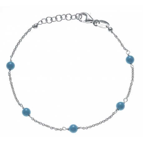 Bracelet argent rhodié 1,9g -  5 perles bleues turquoises - 17+3cm