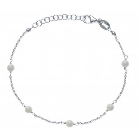 Bracelet argent rhodié 1,9g -  5 perles blanches - 17+3cm