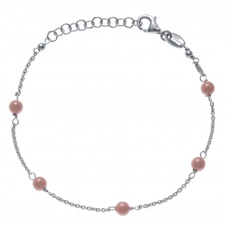 Bracelet argent rhodié 1,9g -  5 perles roses saumon - 17+3cm