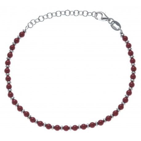 Bracelet argent rhodié 4g - perles rouges - 17+4cm