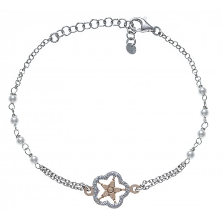Bracelet argent rhodié 2,8g - étoile - 2 tons - rosé et rhodié - perles synthéti