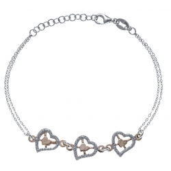 Bracelet argent rhodié 3,1g - 2 tons - rosé et rhodiés - cœurs satinés - 17+3cm