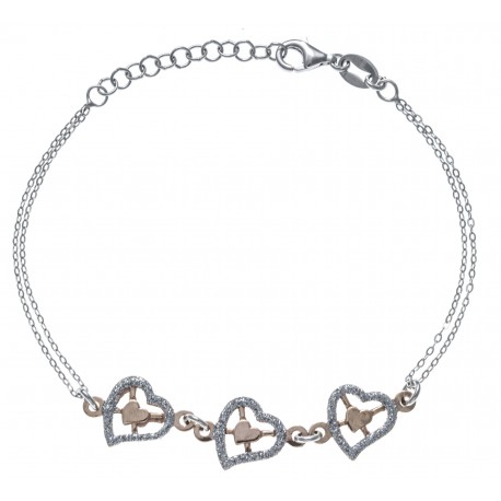 Bracelet argent rhodié 3,1g - 2 tons - rosé et rhodiés - cœurs satinés - 17+3cm