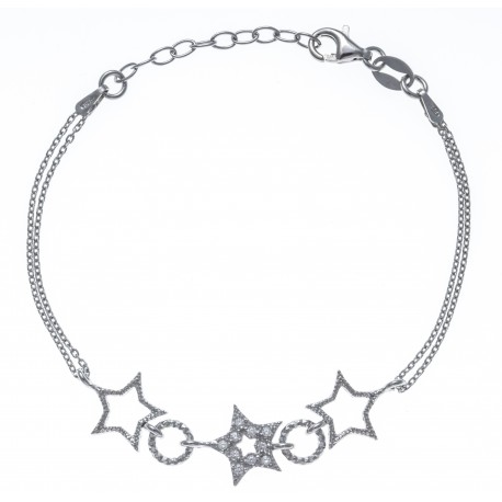 Bracelet argent rhodié 3,6g - étoiles - ronds - zircons - 2 chaines - 17+3cm