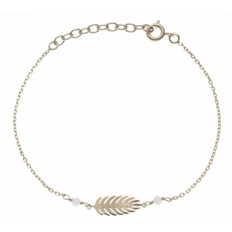 Bracelet plaqué or - feuille - perles roses -  17+3cm