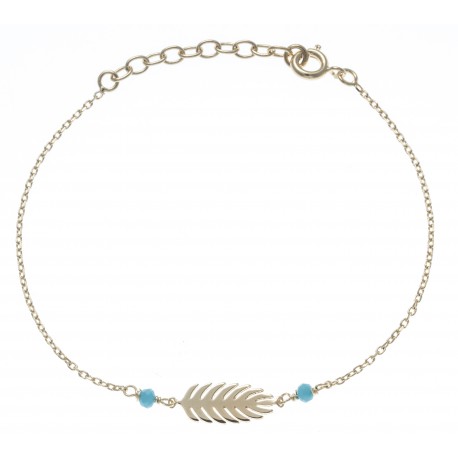 Bracelet plaqué or - feuille - perles turquoises -  17+3cm