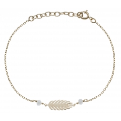 Bracelet plaqué or - feuille - perles blanches -  17+3cm